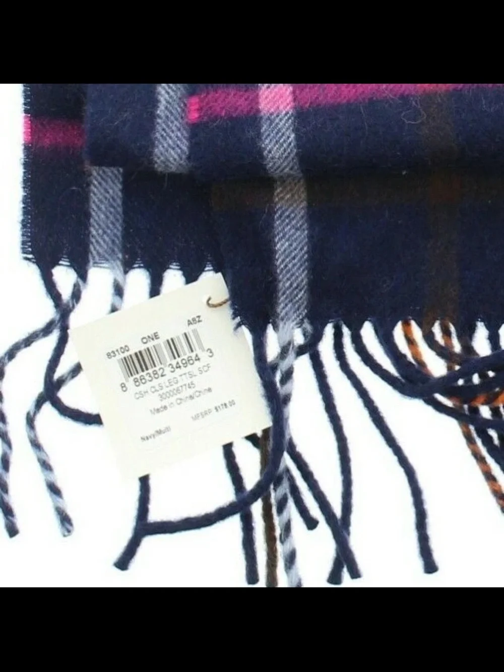 COACH LEGACY CASHMERE NECK WRAP, SCARF PLAID WITH FRINGE NAVY NWT